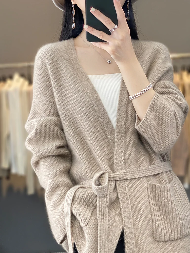 Women Cardigan V-neck Belt Solid 100% Merino Wool Sweater Soft Warm Autumn Winter Cashmere Knitwear Female Grace Clothing Tops