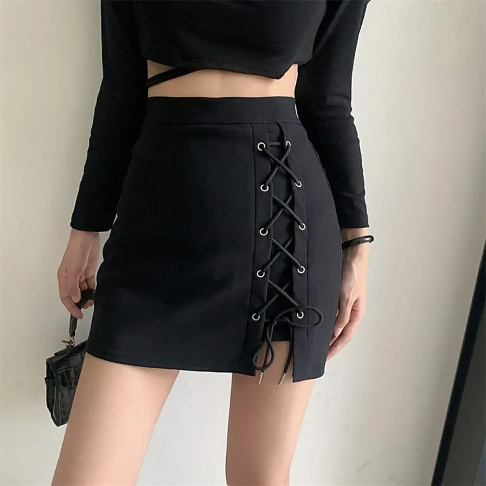 Dames Zomer Sexy Hoge Taille Mini Rok Skinny Veters Zwarte Korte Rok Gothic Bodycon Strakke Band A-Lijn Dames Korte Rok