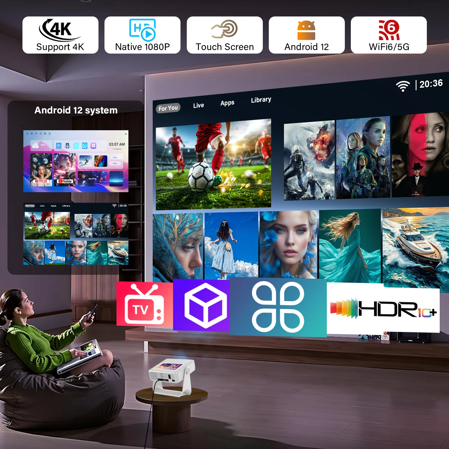 Android Projector 4K Supported 1080P 8 Inch Touch Bluetooth WiFi 180° Rotatable USB HDMI Office EU UK US Plugs Stunning Display