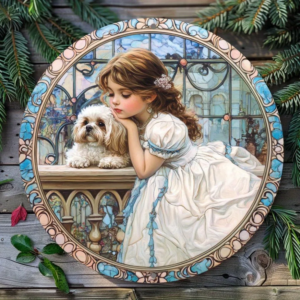 Vintage Metal Tin Sign 8x8 Inch Round Wall Art Decor, Shih Tzu Girl Theme, for Home Bar Kitchen Coffee Room Decoration, Christma