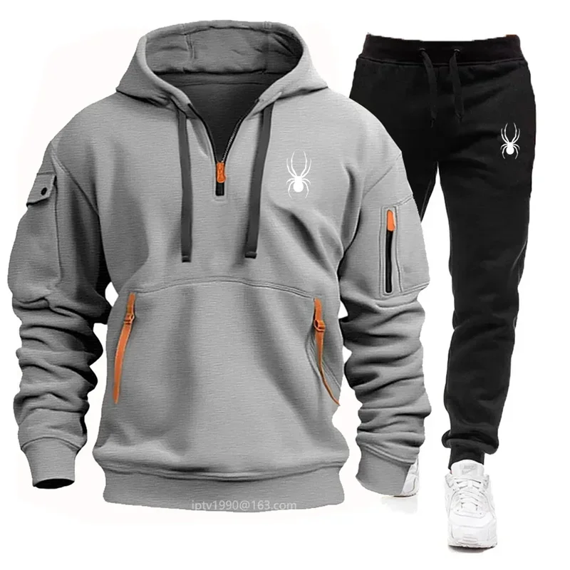 2025 nova primavera e outono masculino multi-bolso zíper hoodie + moletom de duas peças jogging lazer fitness conjunto de roupas esportivas