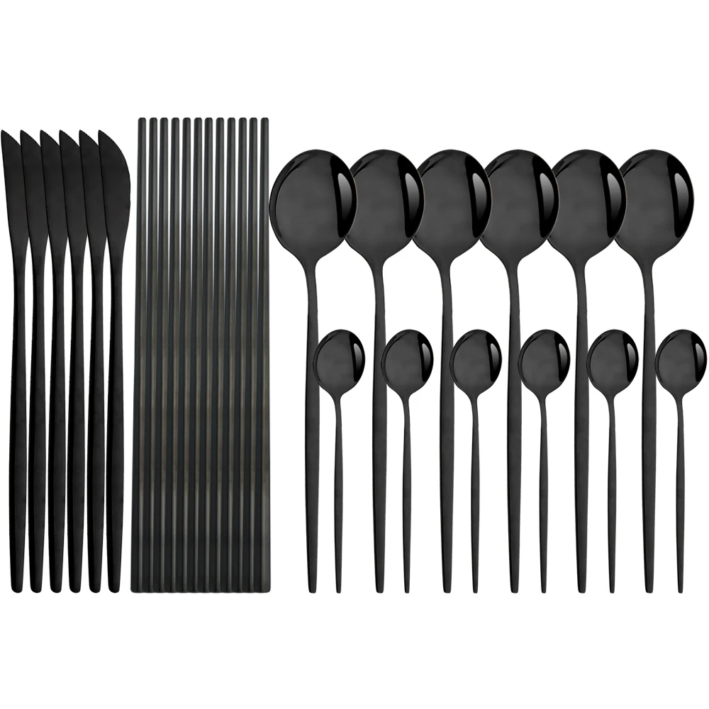 

24Pcs Knife Spoon Chopsticks Tableware Kitchen Teaspoon Silverware Set Stainless Steel Dinnerware Set Western Black Cutlery Set