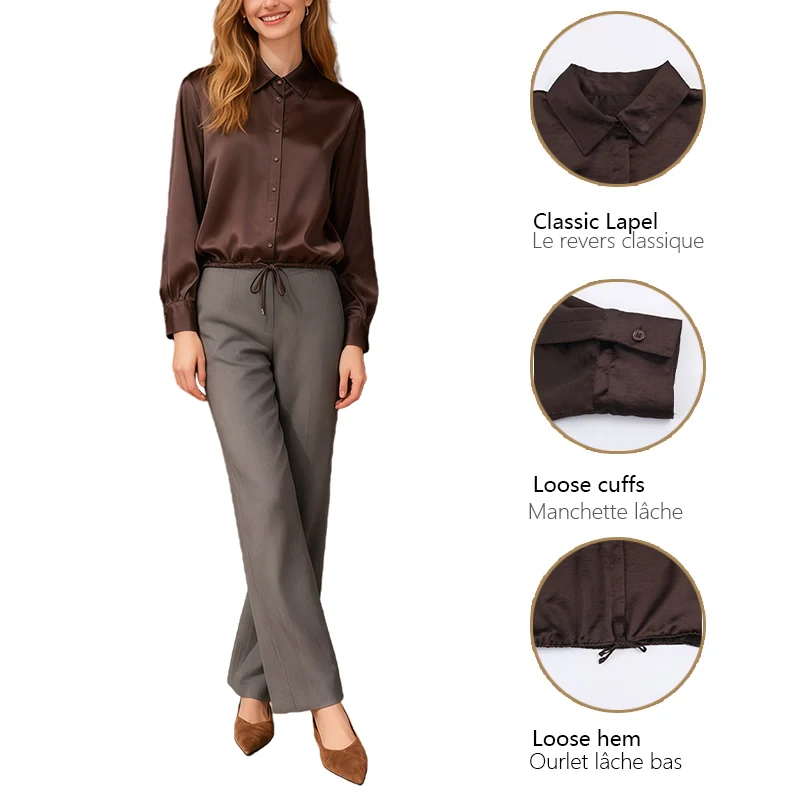 Damska koszula z kołnierzykiem, długim rękawem, zapinana na guziki, satynowa, ze sznurkiem, elegancka koszula, wszechstronna elegancja, do noszenia na co dzień.