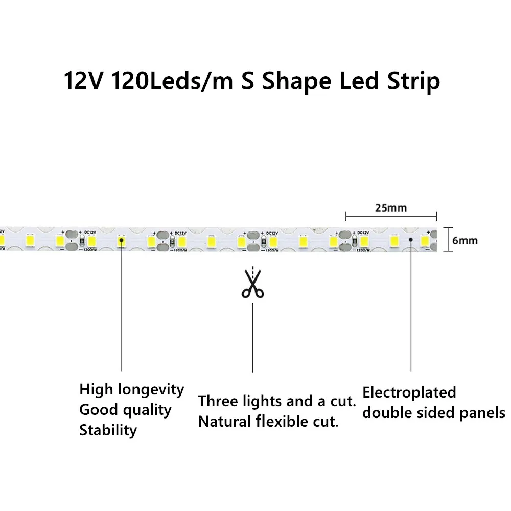 DC 12V S Shape LED Strip Light 6mm Width Bendable 2835 SMD 120LED/m Flexible Foldable Led Strip String Light Bar DIY Neon Sign