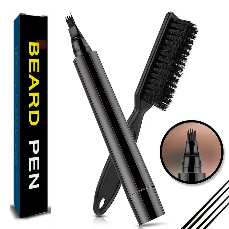 Pencil Filler For Men Black Brown 4-Tip Beard Pen Waterproof & Long Lasting Natural Makeup Detailing Filler Moustache & Eyebrows