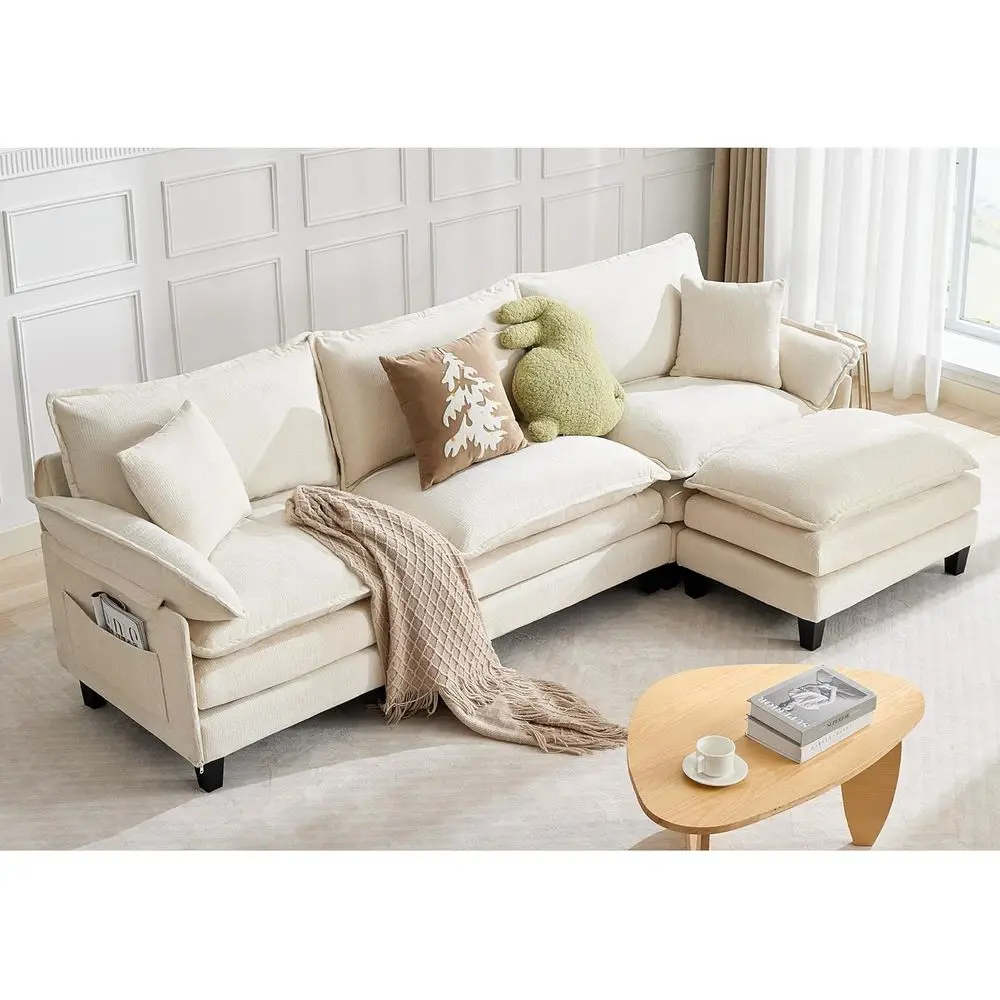 

4-Seat L-Shaped Sectional Sofa with Ottoman, Deep Seating, Pillows, Suitable for Living and Bedroom, Beige