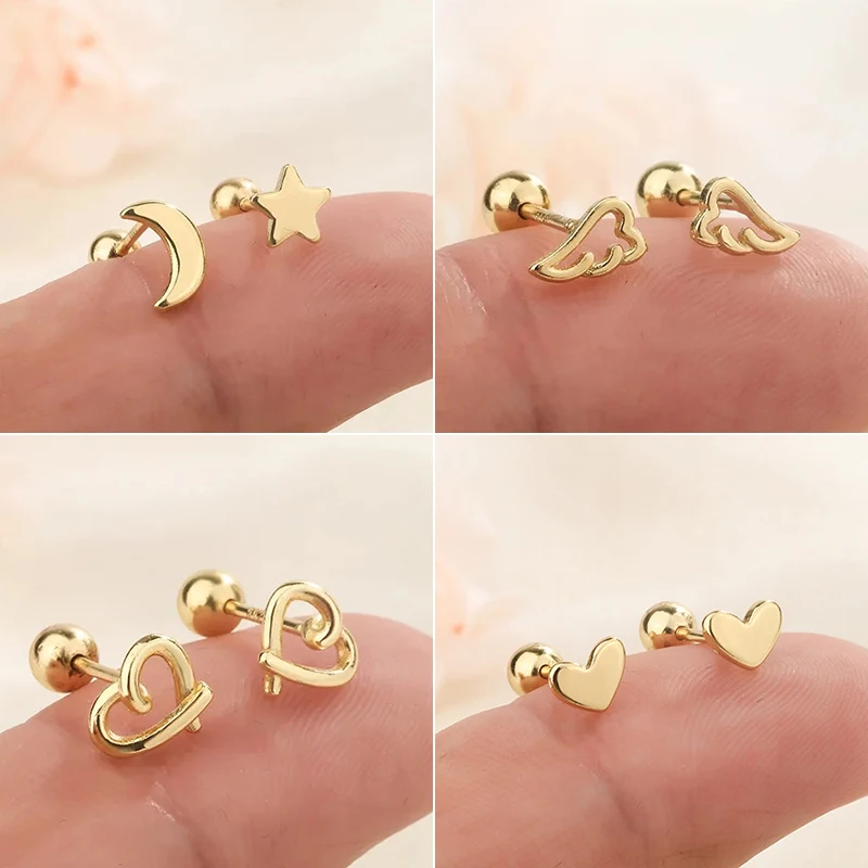 Minimalist Tragus Piercing Helix Stud Earrings For Women Girls Gold Color Hollow Wings Heart Trendy Daily Jewelry Accessories