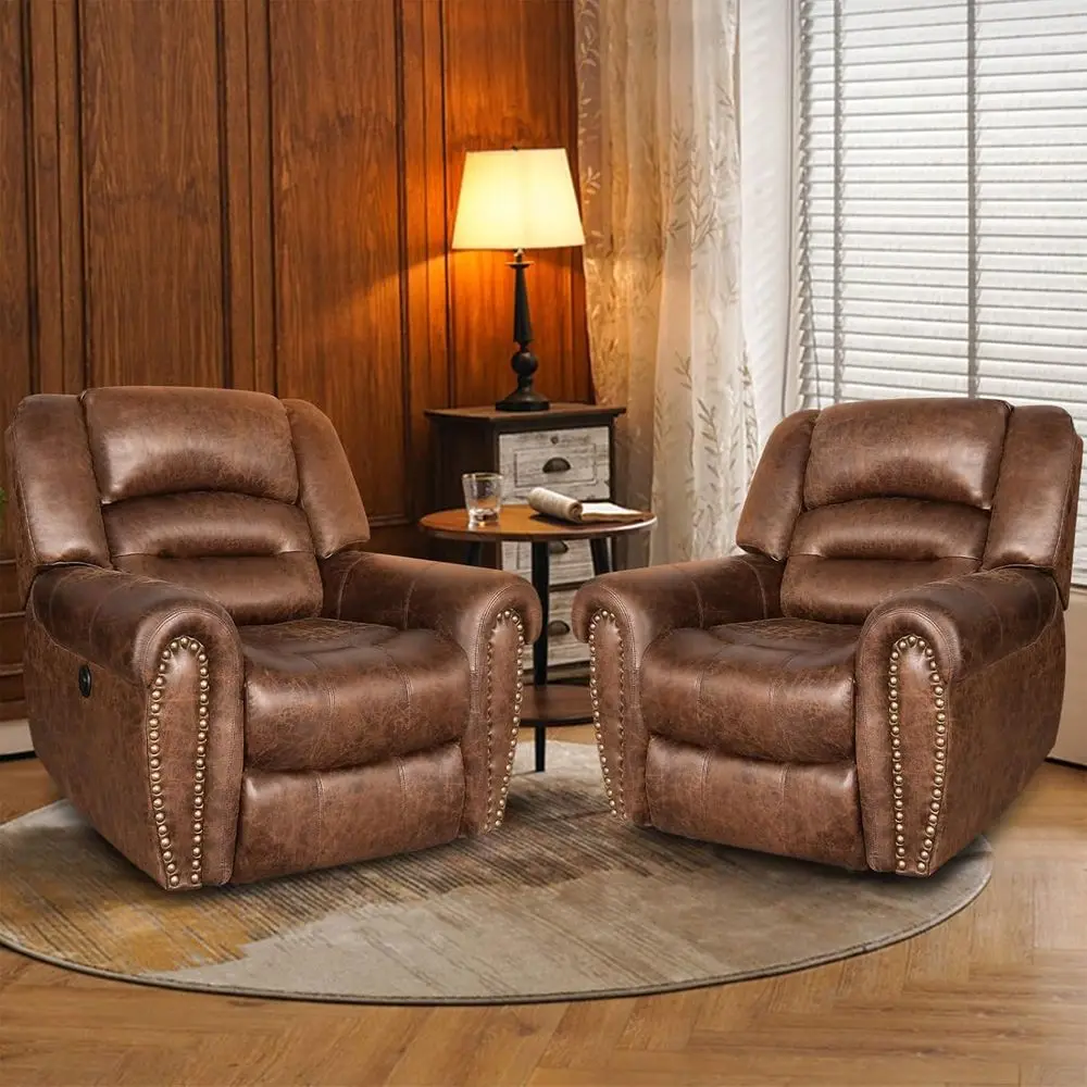 

Pair of Nut Brown Leather Recliners with USB Ports for Home Theater and Living Room