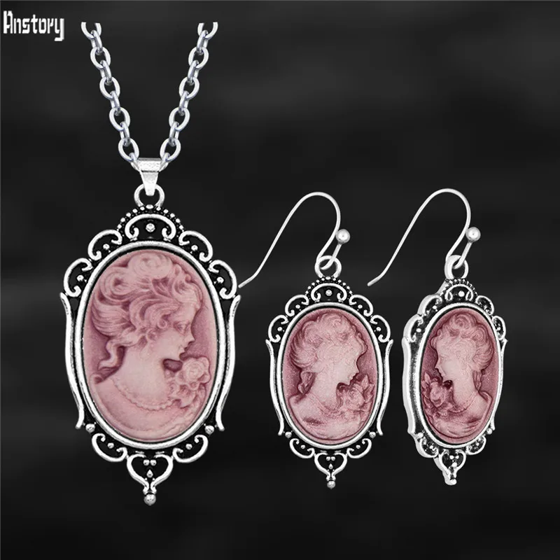 Vintage Oval Lady Queen Cameo Sets For Women Real Silver Plated Victoria Pendant Necklace Earring Fashion Jewelry