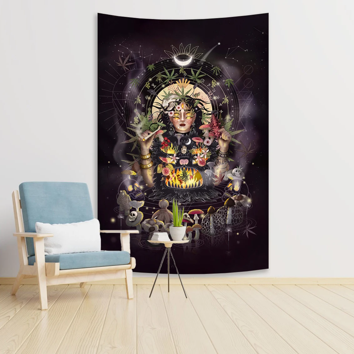 

QdDeco Vintage Psychedelic Moon And Witch Hanging Tapestry Boho Style Cloth Plant Floral Wall Hippie Tapiz Home Decorations