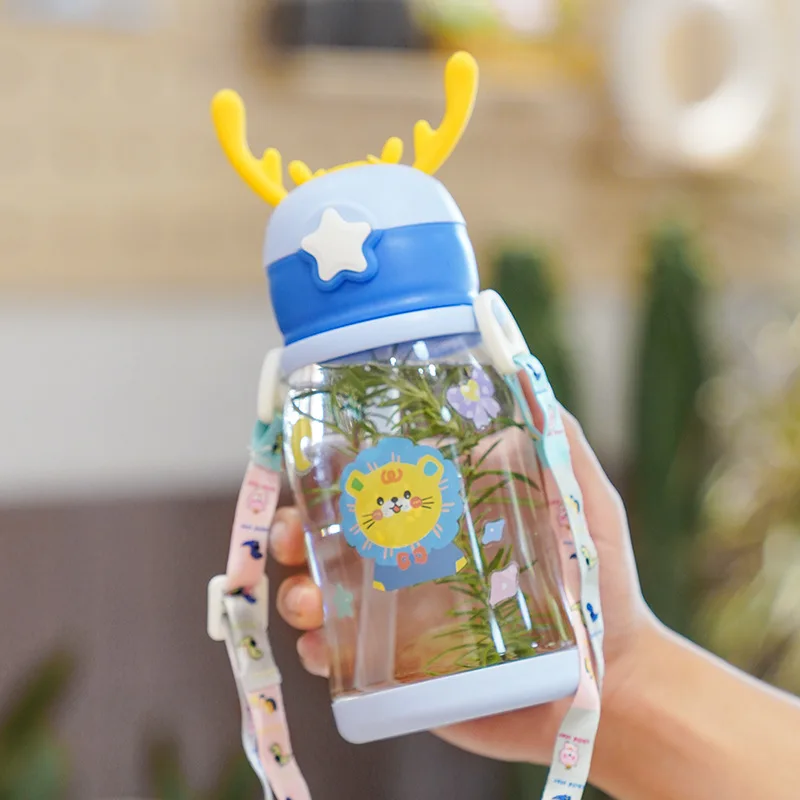 Children's Straw Water Cup Cartoon Antler Plastic Cup Student Carrier Kettle Baby Large Capacity Straw Cup