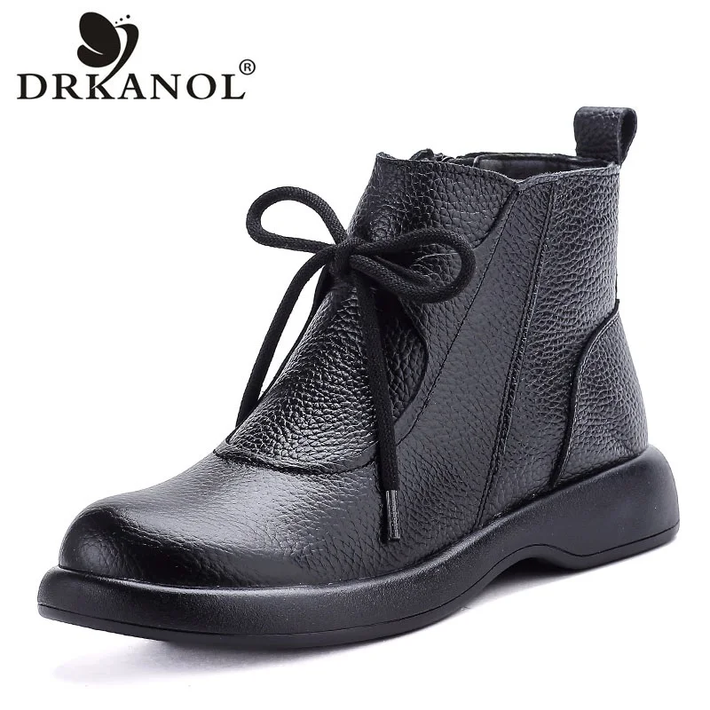 

DRKANOL Women Genuine Cow Leather Snow Boots 2026 Autumn Winter Side Zipper Comfort Warm Plush Flat Heel Cotton Ankle Boots