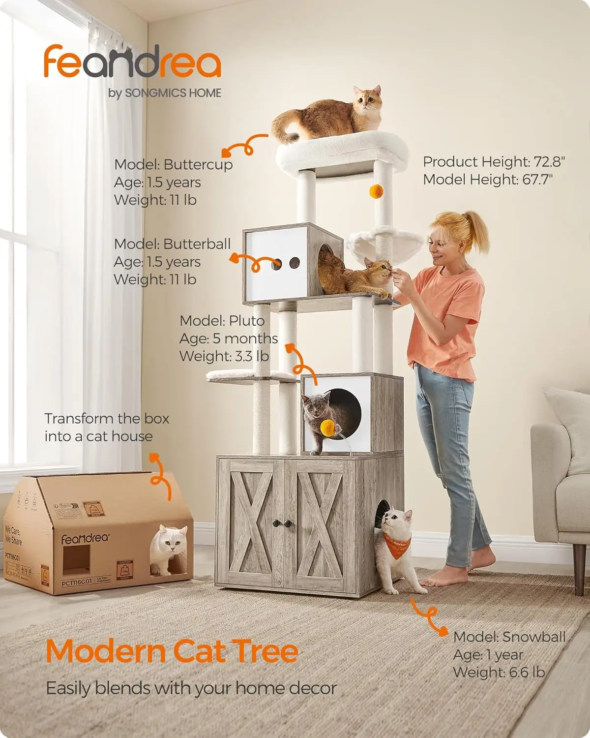 Cat Tree with Litter Box Enclosure, 2-in-1 Modern Cat Tower, 72.8-Inch Tall Cat Condo with Scratching Posts, Perch