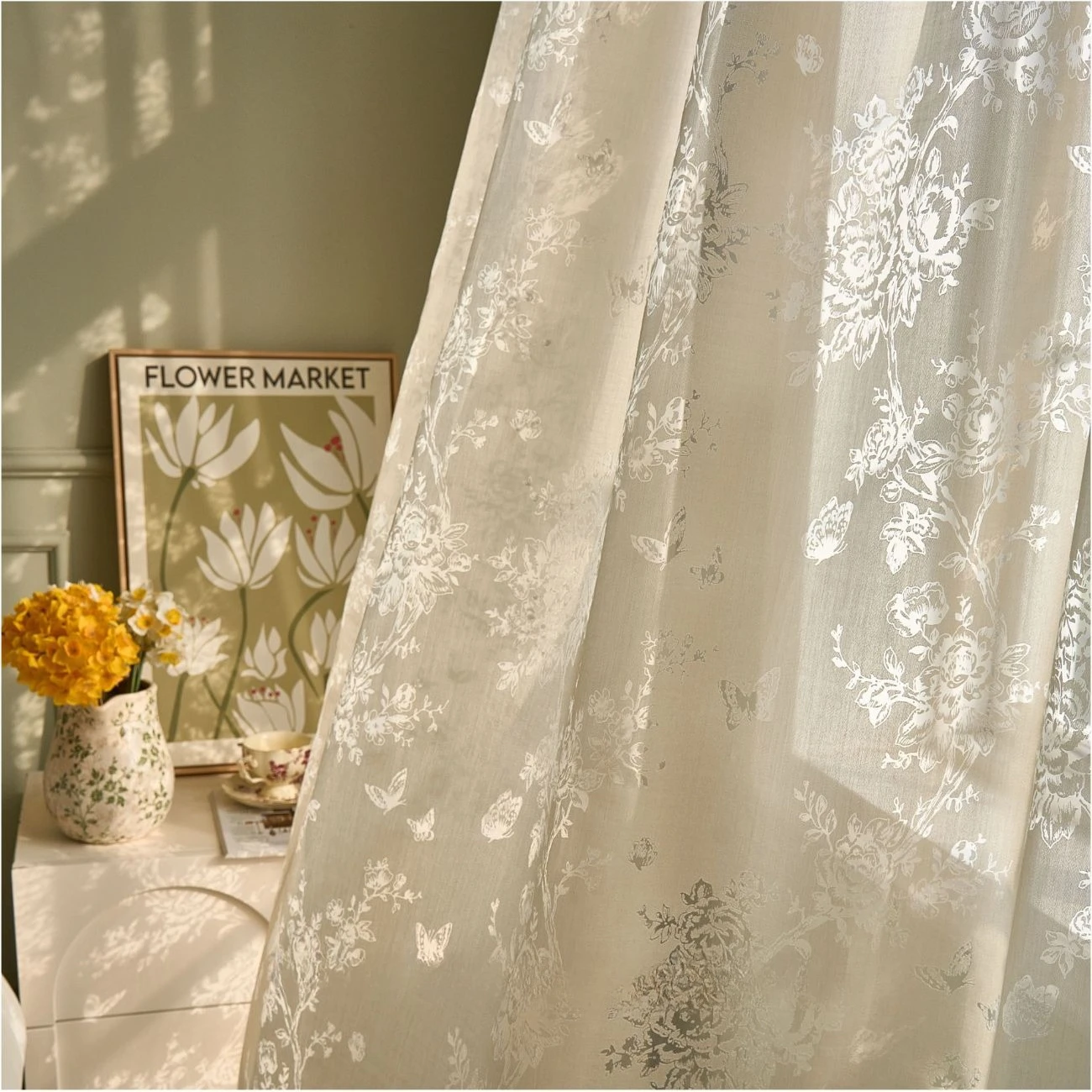 Customized French Retro Style Rose Hollow Out Light and Shadow Transparent But Opaque Curtains for Living Dining Room Bedroom