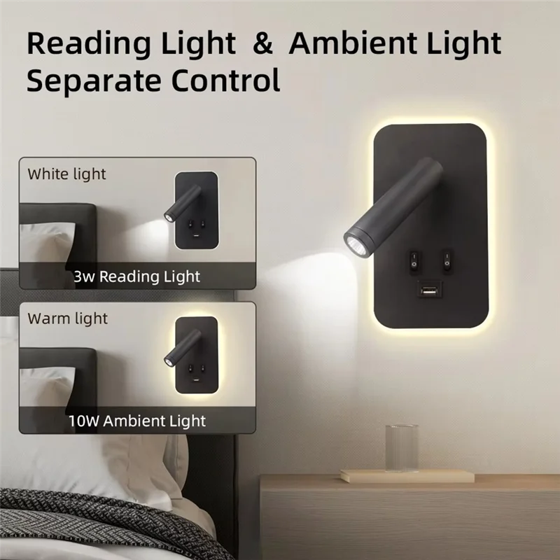 

BYBS-Bedside Wall Lamp With Switch USB Port Wall Mounted Spot Lights Led Wall Light Cabinet