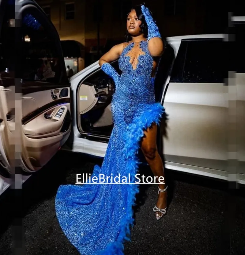 Chic Light Blue Prom Dresses 2025 For Black Girls Rhinestone Crystal vestidos de graduación Sequin Party Dress Gloves Customized