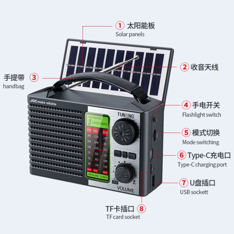 TG-099BT-S Portable Receiver Solar Energy Style With Flashlight Handbag AM/FM/SW 3 Band Radio Supports BT/USB/TF Card MP3 Player