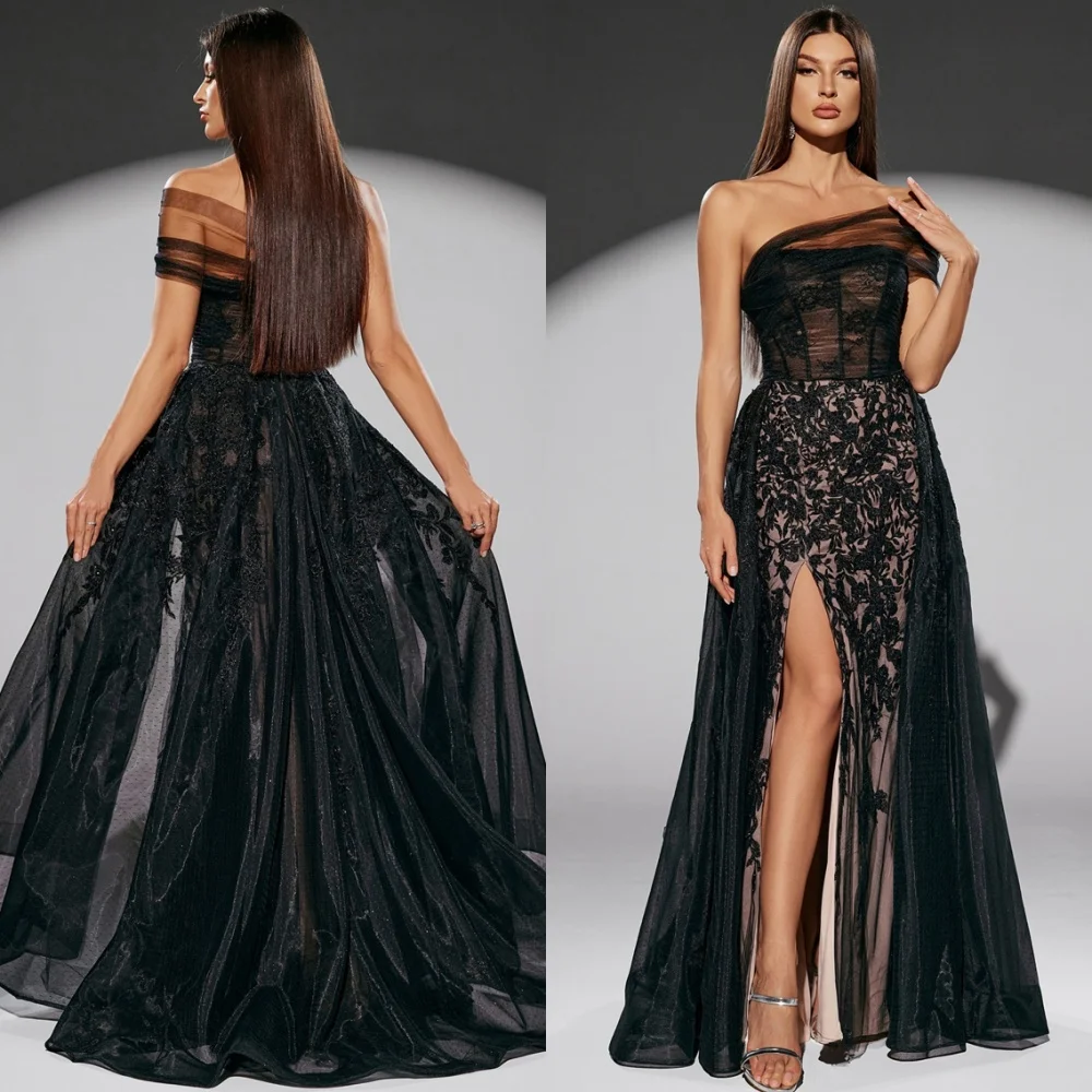 

Customized Luxury Black Organza Evening Dresses Fashion Strapless Celebrity Gowns Charming Sweep Train Special Occasion Gowns
