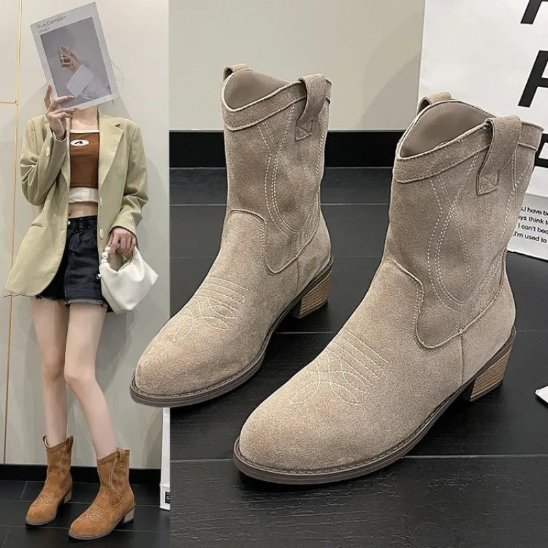 Primavera outono botas de moda feminina manga de salto quadrado cabeça redonda retro sapatos femininos camurça salto baixo alívio botines para mujeres