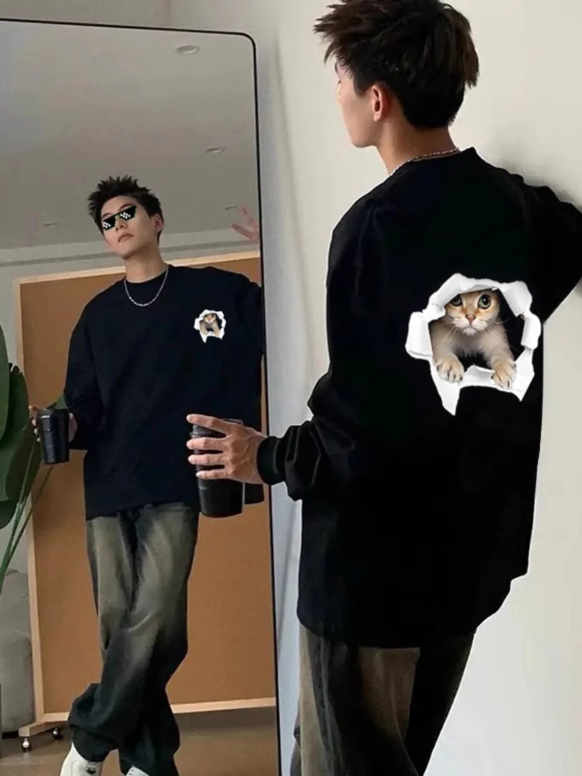 

Мужская молодежная футболка с длинным рукавом и принтом, осенне-зимняя, американского стиля, с круглым вырезом, базовый слой, черная, повседневная, модная