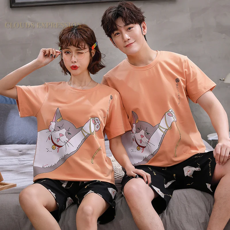 Summer 100% Cotton Cartoon Print Couple Pajama Sets Pyjamas Kawaii Sleep Lounge Short Yellow Sleepwear Suits Pajamas for Lovers