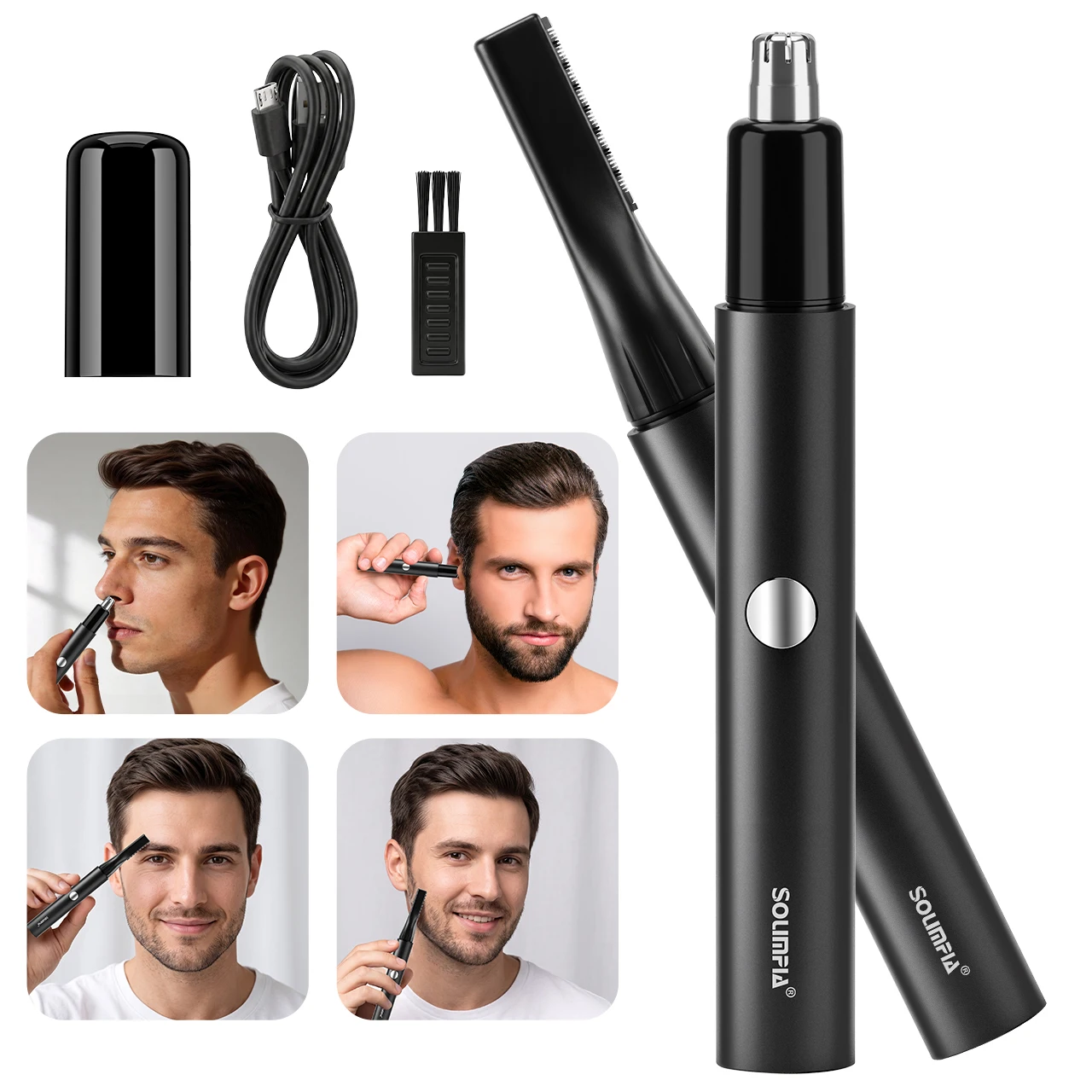 Solimpia Men's Electric Nose Hair Trimmer USB Charging Ear Nose Eyebrow Trimmer Sideburn Shaver 2-in-1 Set