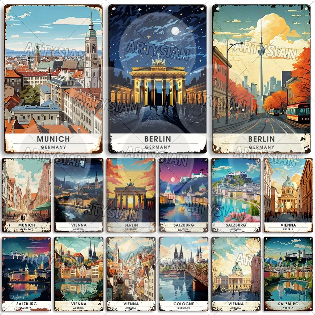 Letrero de Metal de paisaje urbano de viaje, Áustria europea, Alemania, Munich, Viena, Berlín, Colonia, Salzburg, placa de Metal