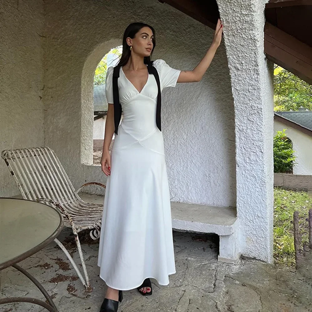 

Pop Women's Bow Tie V-Neck White French Maxi Dress Puff Sleeve Slim Fit Dress