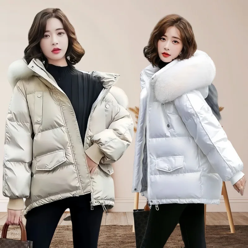 

Female Authentic Short Fashion Foreign Air Loose Bright Face Wash Thick Bread Suit Winter Coats Women New White Padded Jacket