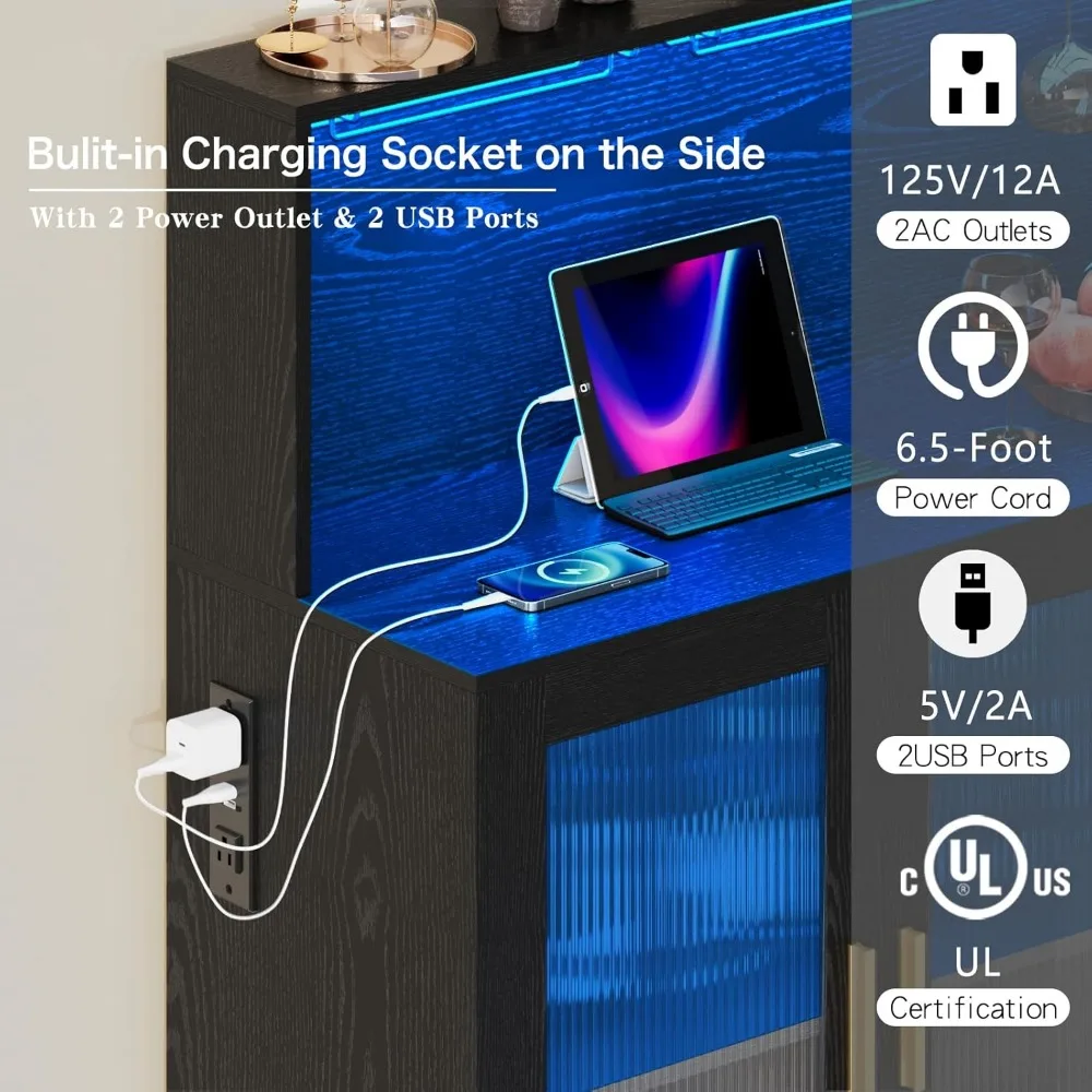 Wine Bar Cabinet with LED Light,with Wine and Glass Rack, Modern Kitchen Coffee Bar Cabinet with Storage, Buffet Sideboard