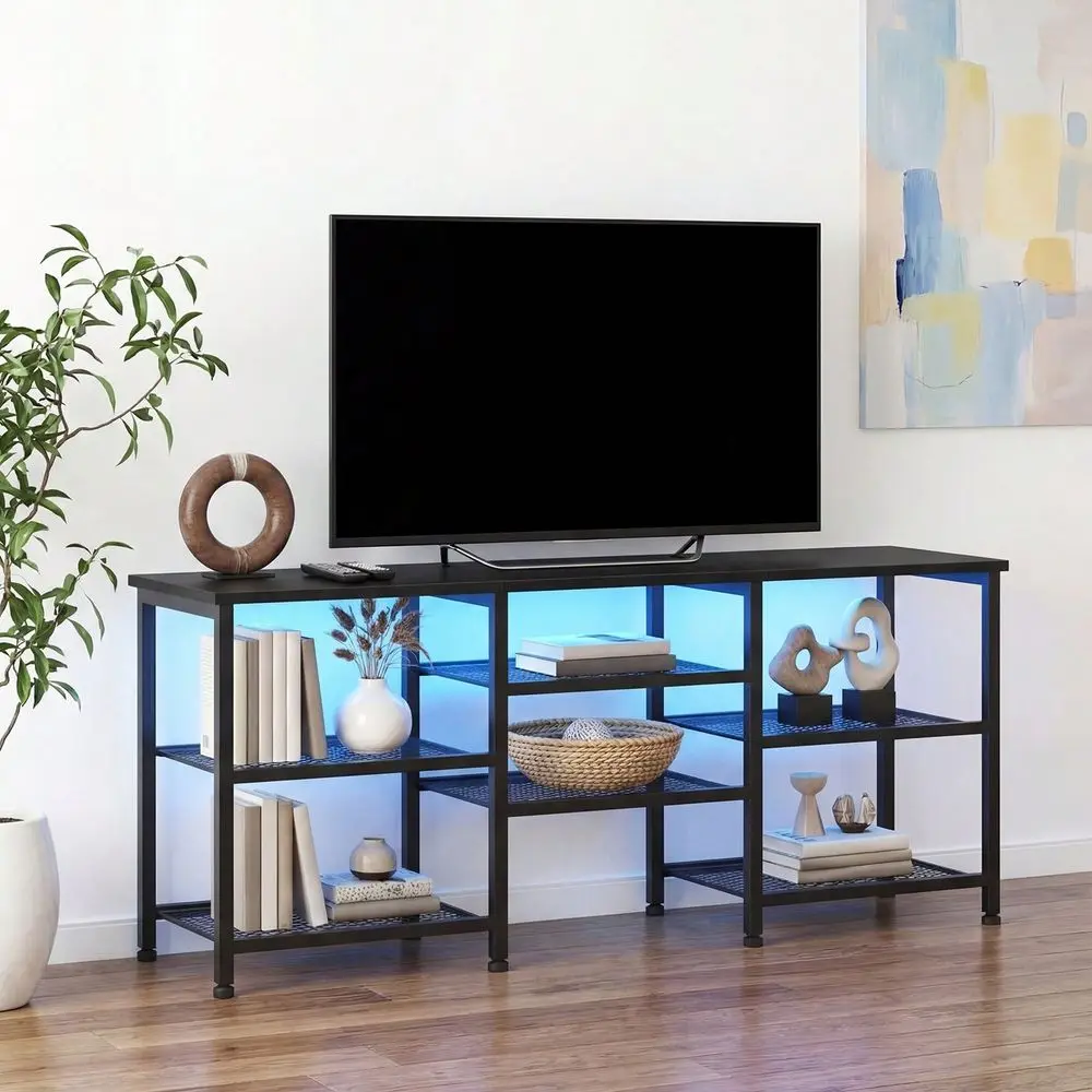 

Home TV Media Console With 3Level Adjustable Shelf, LED Ambient Light Strip Power Outlet, Rustic Brown Entertainment Center For