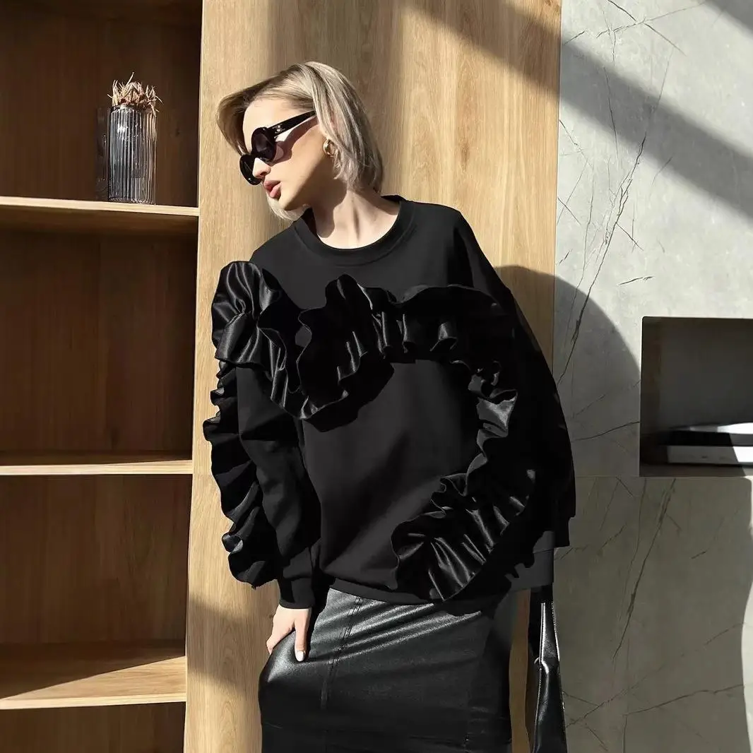 Kolorowy, długi, ocieplany sweter z okrągłym dekoltem, luźny, damski, z ozdobną koronką, wiosenny top.