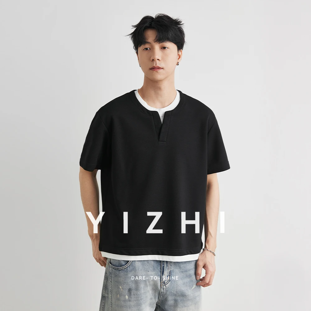 Men's Japanese Fake Two-Piece Henley Neck Short Sleeve T-shirt 2026 Summer Color Block Loose Drop