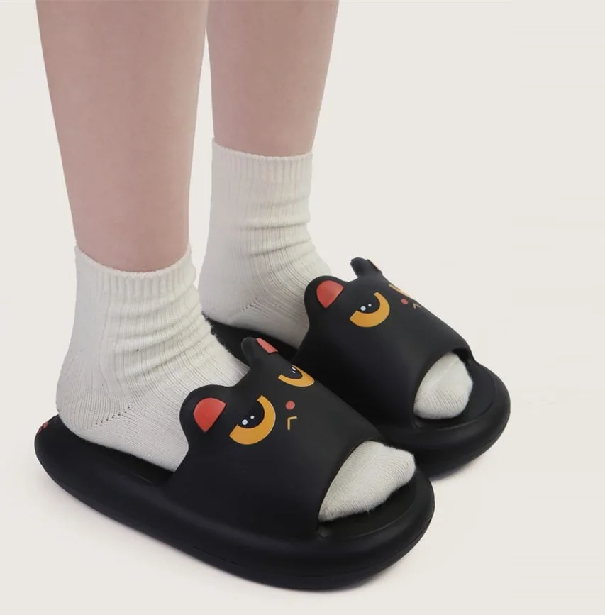 

New funny black kitty slippers summer home shoes for women anti odor EVA slipper mad cat open to flip flops woman cozy shoes