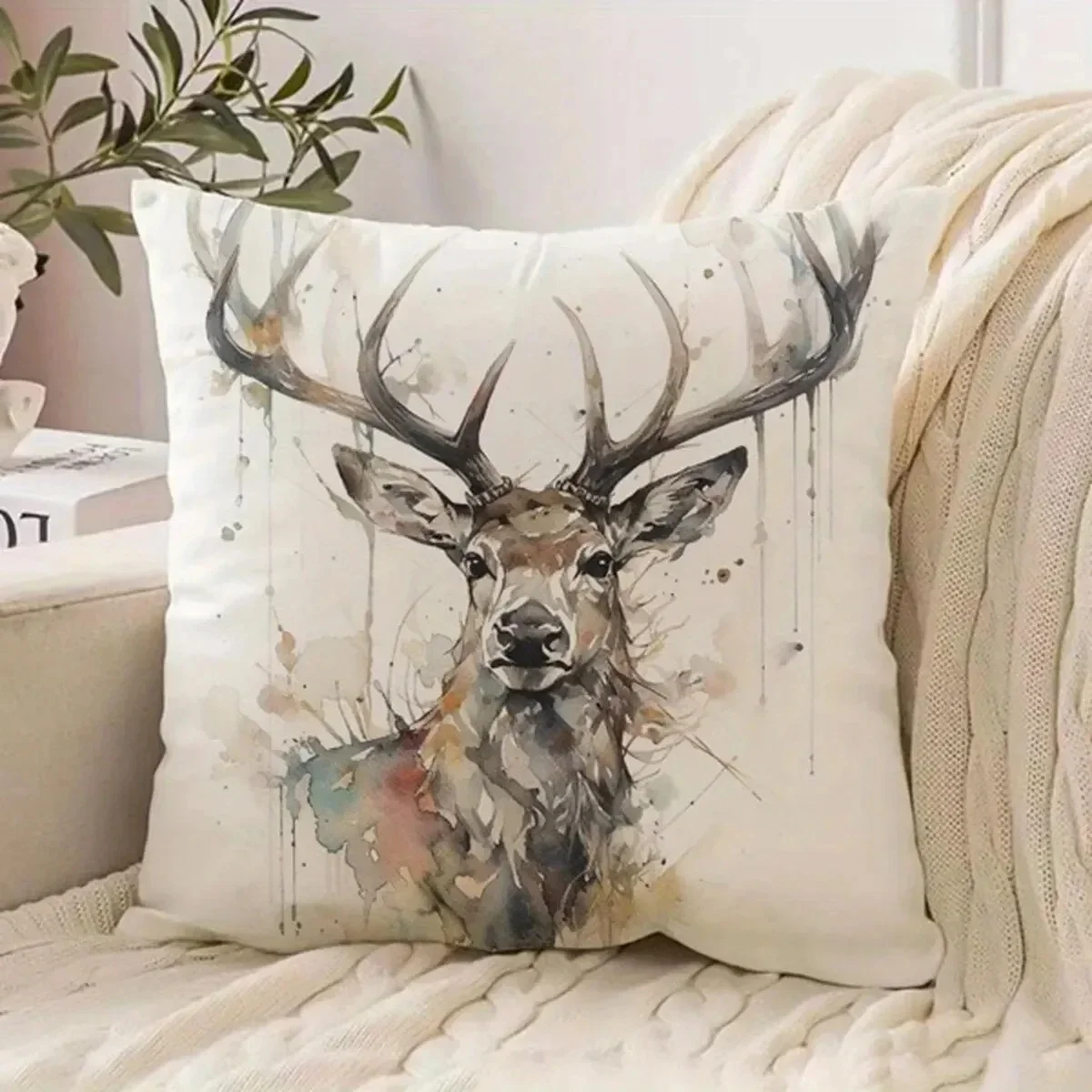 1pc Decorative Throw Pillow Cover Modern European Retro Deer HeadSingle Side Printing Decoration Home Sofa Car Cushion Cover