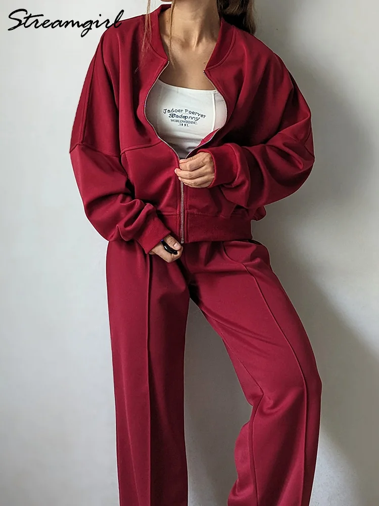 Sweatsuits Pant Sets For Women 2 Pieces Outfit Oversize Zipper Sweatshirts Set Women Jogger Straight Sweatpants Red Tracksuit