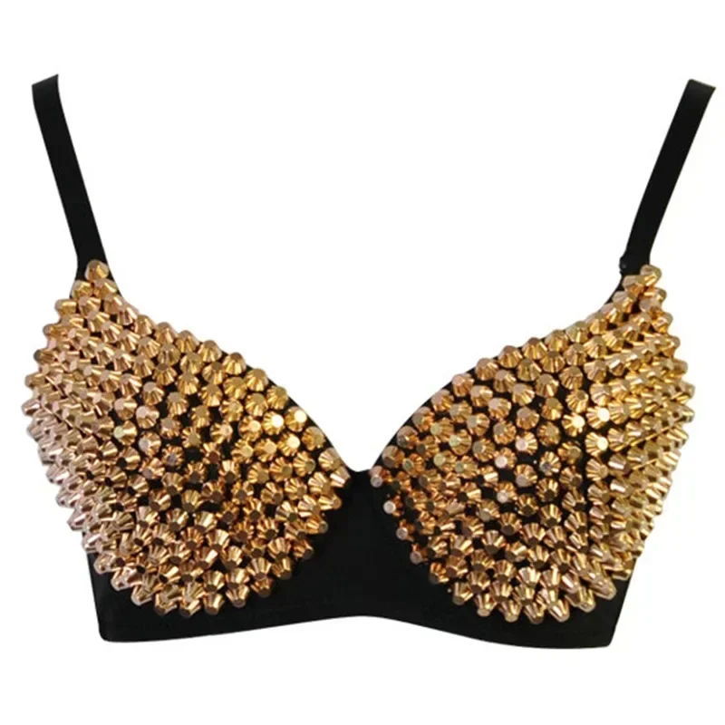 Gold Silver Rivets Punk Rave Bralette Gothic Lingerie Bras Top Sexy Push Up Brassiere Nightclub Party Bar Fashion Women Black