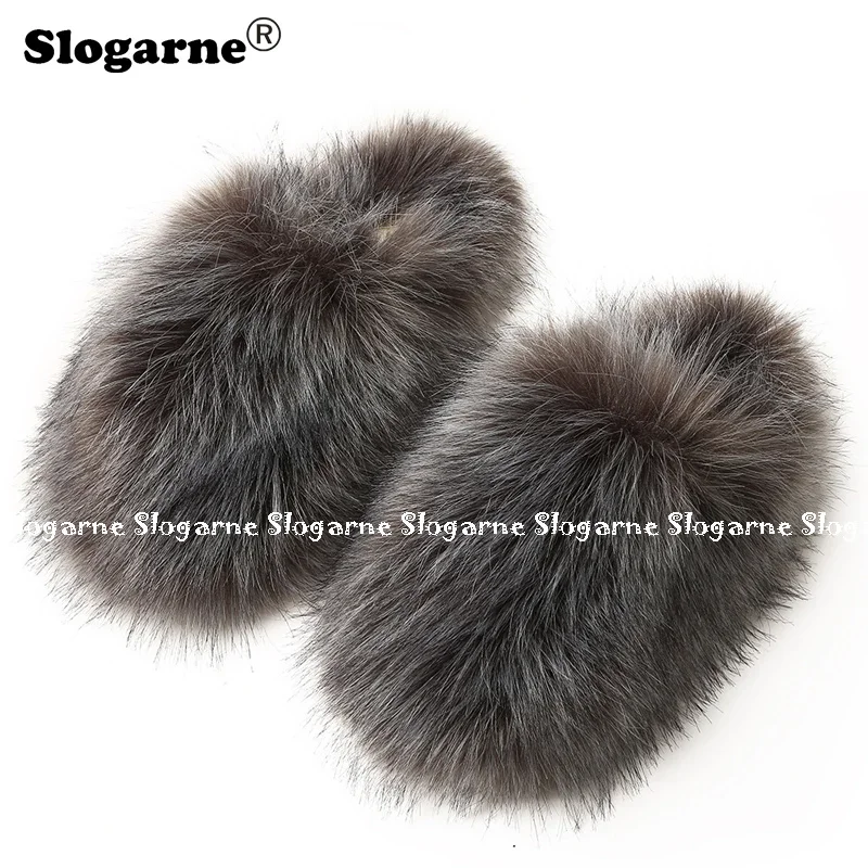 2024 Women Winter Raccoon Fur Slippers Warm Plush Slides Girls Luxury Furry Faux Fur Slippers Home Cotton Shoes Indoor Fur Slide