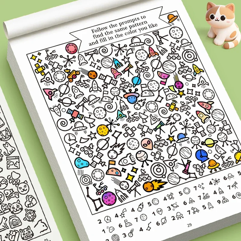 Interaktives Mal-Suchbuch mit 32 Seiten für Kinder – Look, Find & Color ab 1000 Grafiken, pädagogischer Puzzlespaß – Detail 3