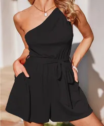 Summer Sleeveless Off Shoulder Jumpsuit Solid For Woman Casual Leace-up Shorts Playsuit Overalls Bodysuits Rompers Streetwear