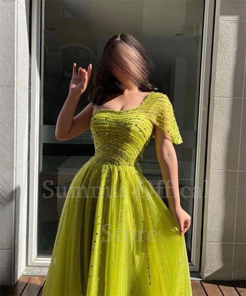 Sumnus Glitter A-Line Evening Dresses Square Collar Short Sleeves Prom Dress Tulle Beading  Saudi Arabia Party Gowns Bespoke