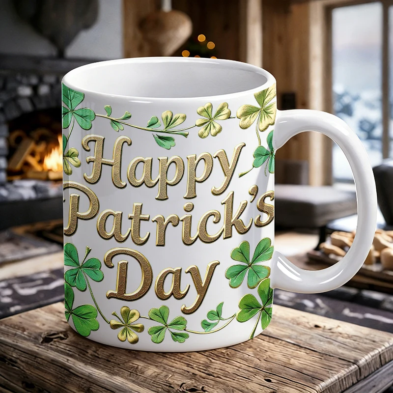 

Happy St. Patrick's Day Gold Foil Shamrock Ceramic Mug, Coffee Cup, Milk Cup, Office Tea Cup, Drinking Cup, Fade-Resistant