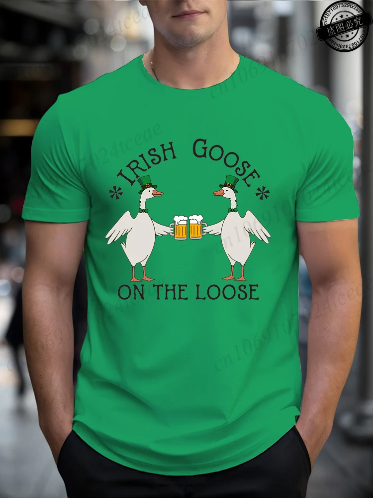 Lucky Goose on The Loose Printed Men's T-Shirts Clothing,St Patricks Day Gift,Drinking Goose T-Shirt,Funny Irish Goose Tee Tops