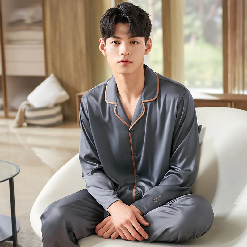 Spring New Arrival Men Satin Silk Pajama Sets Long Sleeve Sleepwear Set Two-pieces Big Yards M-XXXL V-neck Cardigan Pyjamas Male