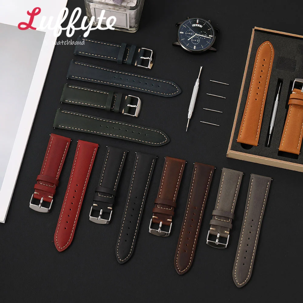 Vintage Crazy Horse Leather Watch Strap 18 20 22mm with Quick Release Spring Bars Gift Packing Box Men Calfskin Wristband