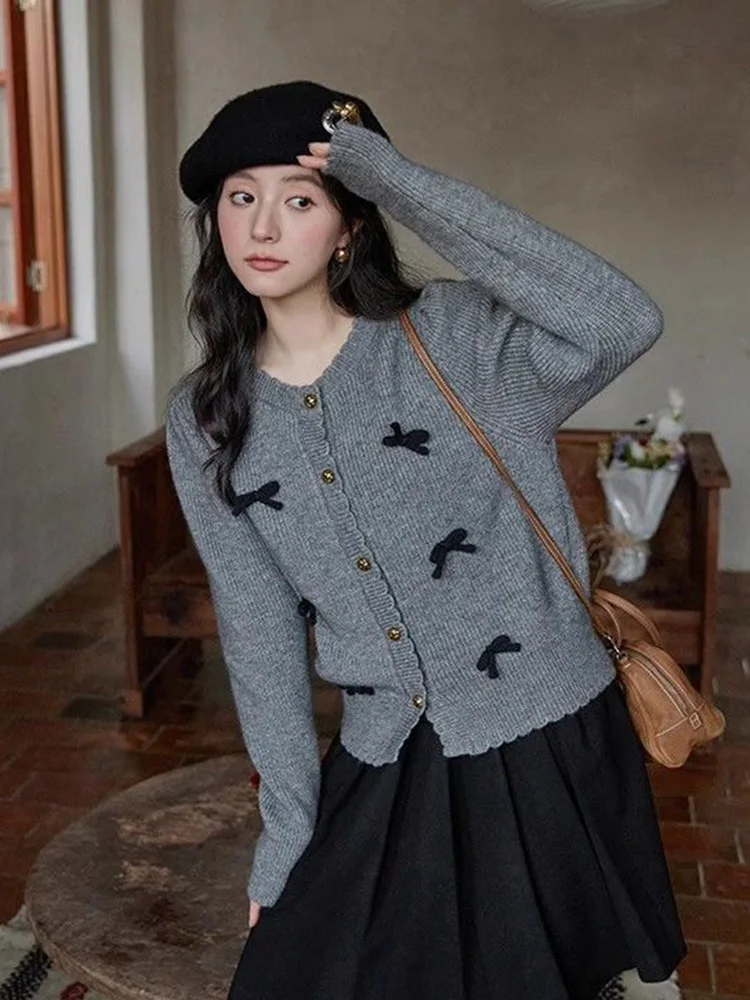 Jmprs Vintage Bow Grey Cardigan Sweaters Women Casual Sweet Preppy Style Knitted Coats Long Sleeve Design Japan Retro Lady Tops