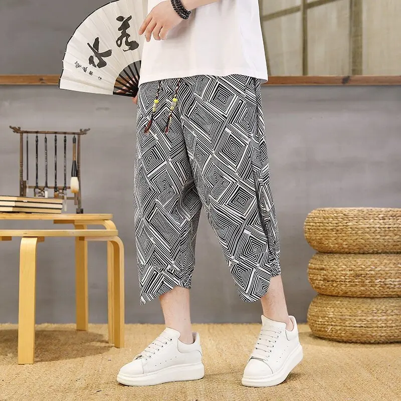 

Summer Men's Casual Haren Loose Calf Pants Men's Retro Streetwear Loose Men's Jogging Pants M-4XL