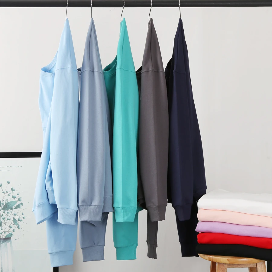 WAVLATII New Women Cotton Terry Sweatshirts Female Light Blue Hoodies Lady Casual Long Sleeve Tops for Spring Autumn