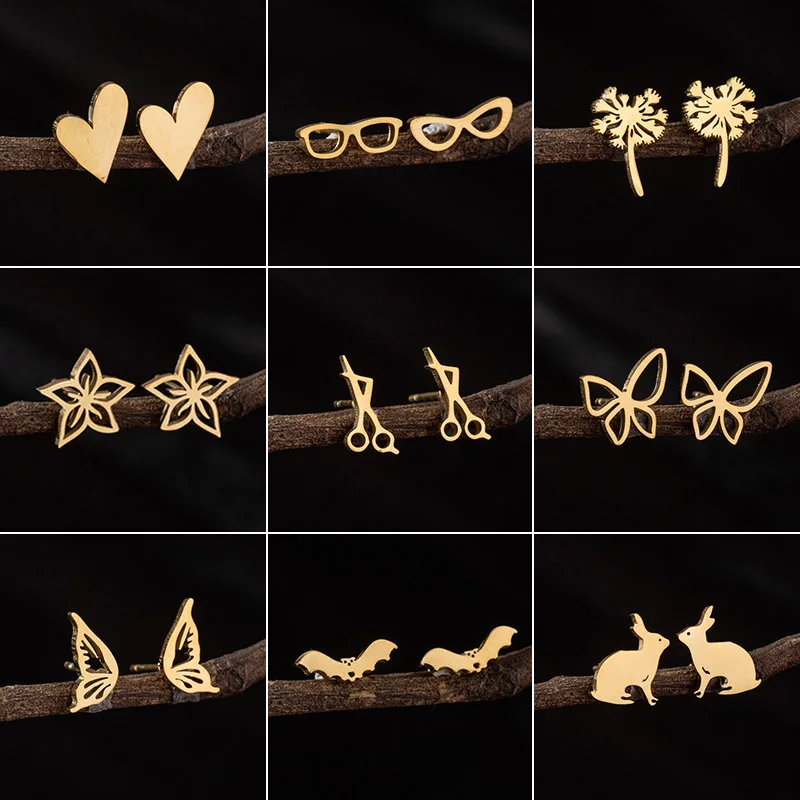 Minimalist Golden Stainless Steel Earrings Women Multiple Style Heart Scissor Glasses Dandelion Stud Earings Girls Birthday Gift