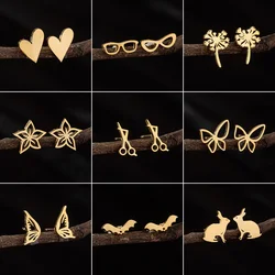 Minimalist Golden Stainless Steel Earrings Women Multiple Style Heart Scissor Glasses Dandelion Stud Earings Girls Birthday Gift